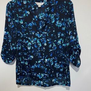 Decree Women's Navy Blue Floral V-Neck 3/4 Tab Sleeve Blouse Top Size Small